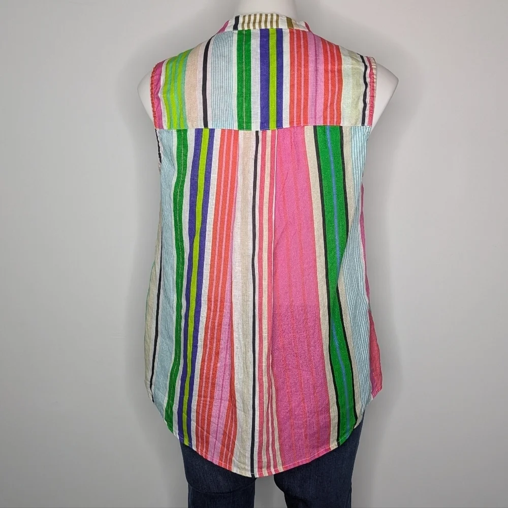 Vilagallo Colorful Striped Sleeveless Linen Button Up Top 44 - Picture 4 of 7